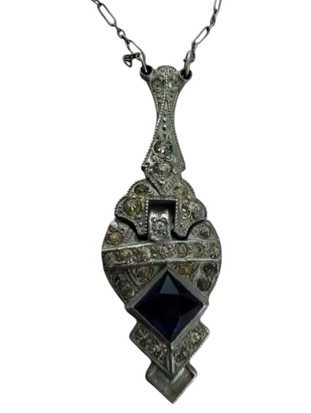 Vintage Art Deco Victorian Style Blue Rhinestone Pendant Necklace Silver Tone - Picture 4 of 7